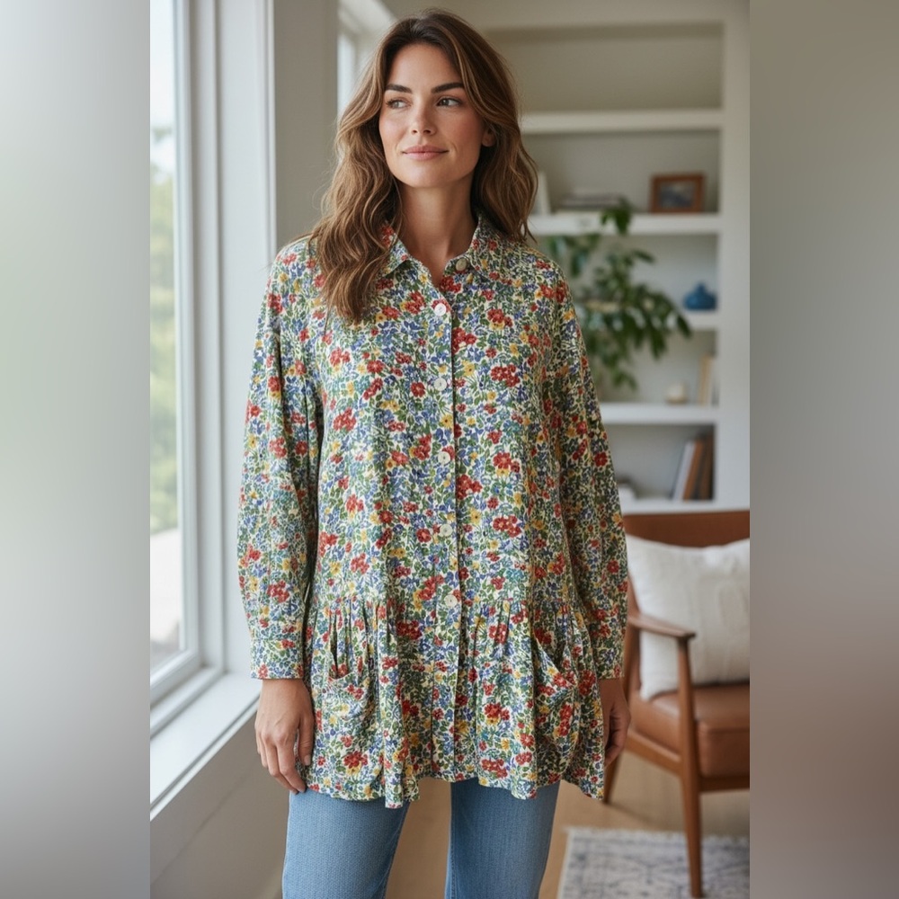 April Cornell Multicolor Floral Button-Down Peplum Blouse